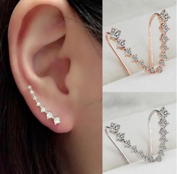 (1 Pair) of 7 Crystals Ear Cuffs Vines Climbers Wrap Pierced Pins Hook Earrings