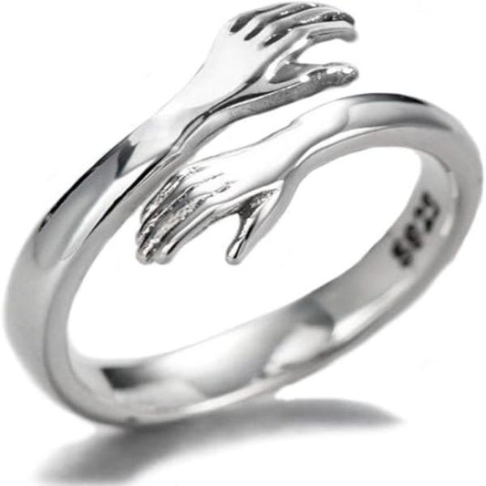 925 Silver I Love You Engraved Hug Ring Sterling Silver Adjustable Hugging Hand Ring