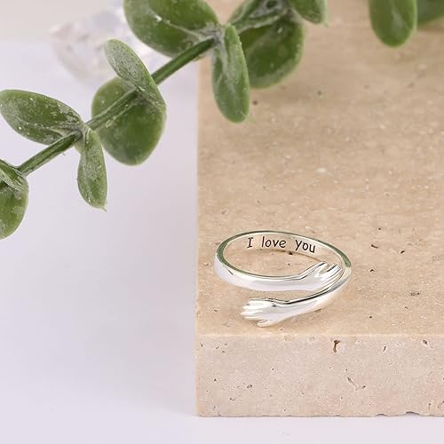 925 Silver I Love You Engraved Hug Ring Sterling Silver Adjustable Hugging Hand Ring