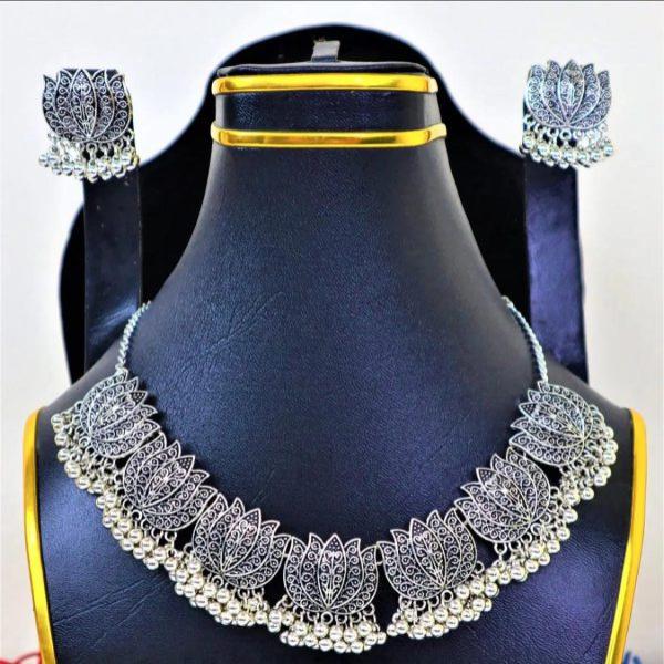 Antique Silver Afghani Flower Choker Necklace With Earrings For Women & Girls