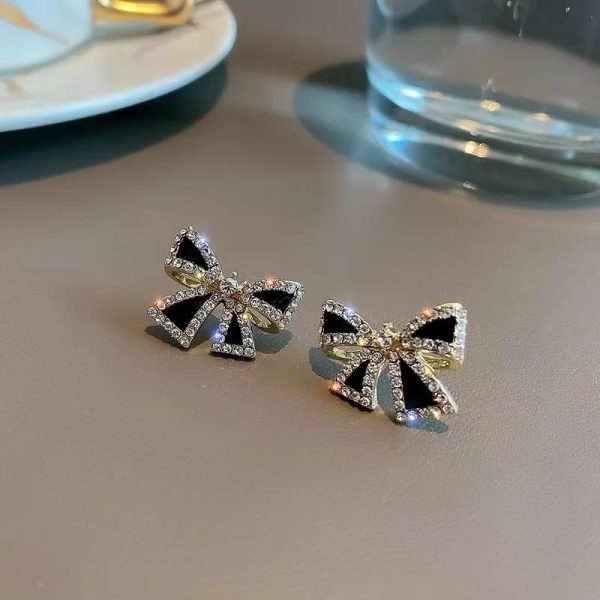 Elegant Zircon Black Bow Tie Earrings