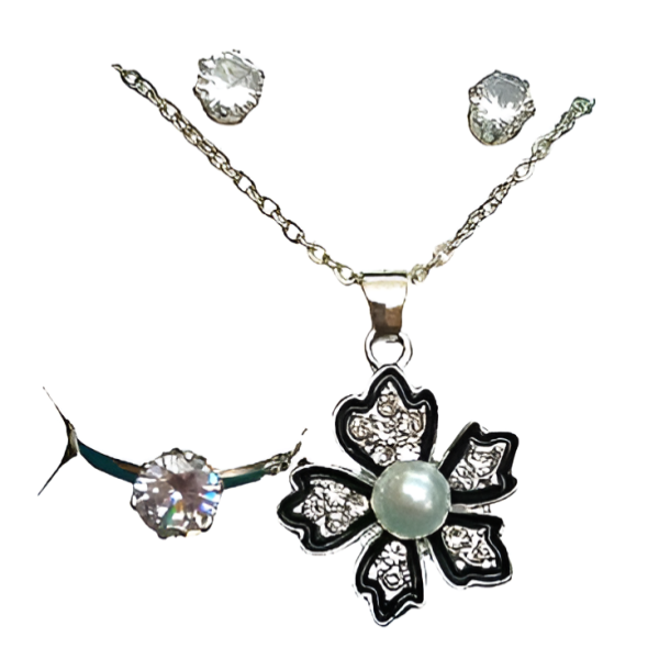 Ladies Flower Jewelry Sets Necklace Earring And Ring Set ( Silver )