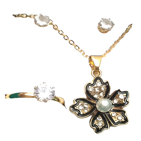 Ladies Golden Flower Jewelry Sets Necklace Earring And Ring Set