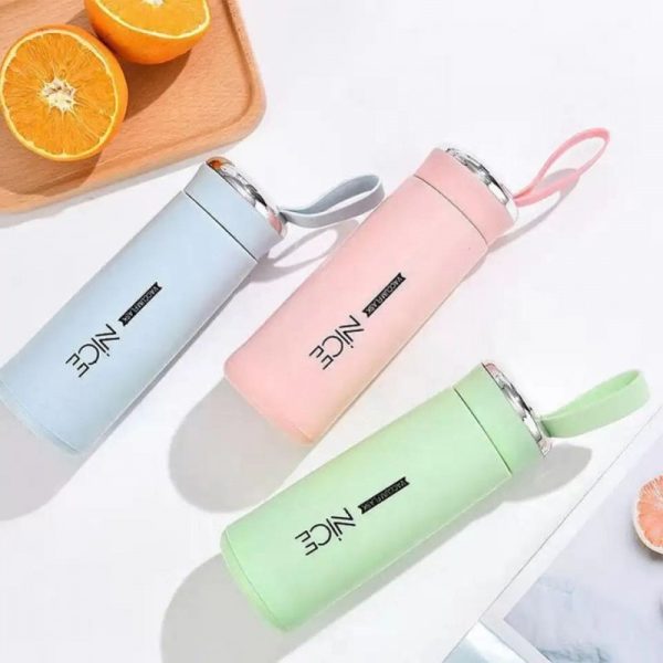 Nice Glass Bottle Water Mini Flask Bottle With Vaccum Flask And Loop Temperature Resistant, For Hot & Cold Water, Milk, Lassi, Juice, smoothie, Detox Water 400ml (random Colors)