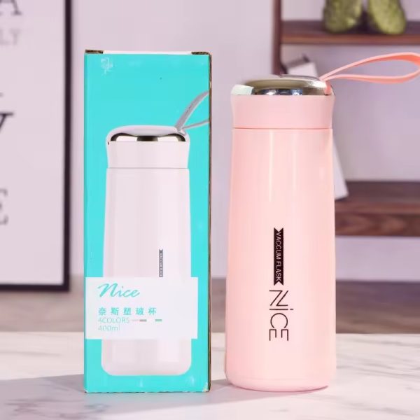 Nice Glass Bottle Water Mini Flask Bottle With Vaccum Flask And Loop Temperature Resistant, For Hot & Cold Water, Milk, Lassi, Juice, smoothie, Detox Water 400ml (random Colors)